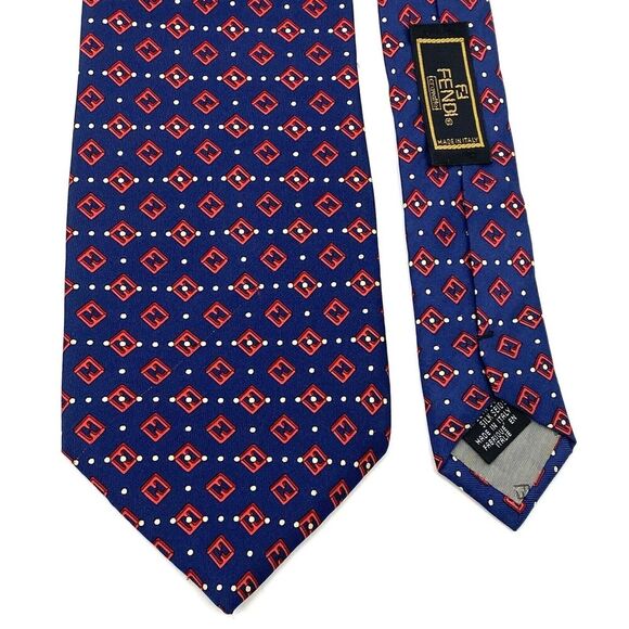 FENDI Cravatte Blue & Red FF Monogram Logo 100% Silk Neck Tie - Picture 2 of 7